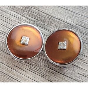 Vintage‎ Givenchy Logo Res Brown Copper Bronze Enamel Clip On Earrings Round